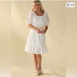 #429 Beautiful White Puff- Embroidered Sleeve Cotton Midi Dress